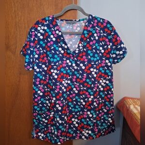Wear For Care Women's Colorful Cherries Medical Scrub V-neck Top Size M